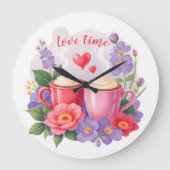 Cute Valentine Cocoa Mugs with Flowers & Hearts ラージ壁時計 (正面)