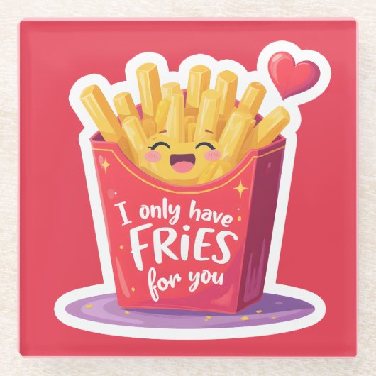 Cute Valentine French Fries Pun ガラスコースター (正面)