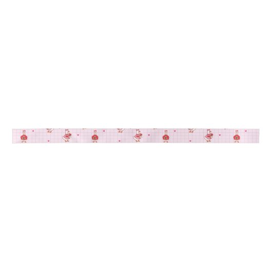 Cute Valentine Goose Hearts Pink Grid Pattern  サテンリボン (正面)