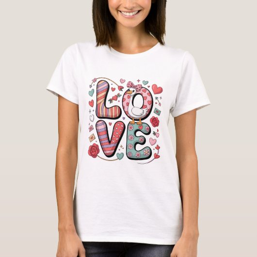 Cute Valentine Goose LOVE Lettering Floral Doodle Tシャツ (正面)
