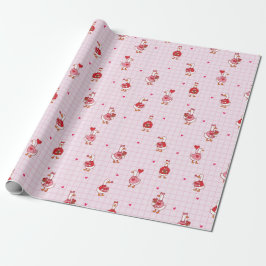 Cute Valentine Goose Pattern Hearts Pink Grid  ラッピングペーパー