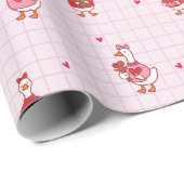 Cute Valentine Goose Pattern Hearts Pink Grid  ラッピングペーパー (ロールコーナー)