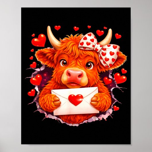 Cute Valentine Highland Cow With Heart Bow Western ポスター (正面)