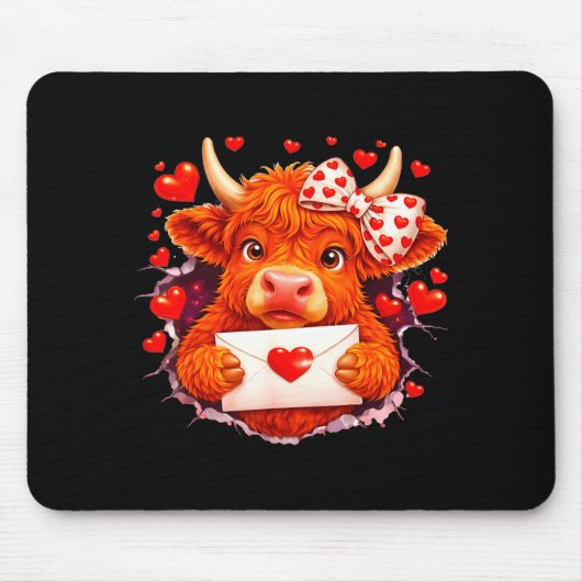 Cute Valentine Highland Cow With Heart Bow Western マウスパッド (正面)