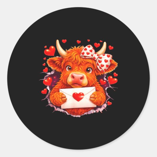 Cute Valentine Highland Cow With Heart Bow Western ラウンドシール (正面)