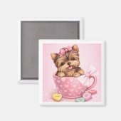 Cute Valentine Yorkie in Pink Teacup Magnet マグネット (正面/裏面)