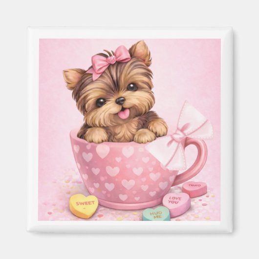 Cute Valentine Yorkie in Pink Teacup Magnet マグネット (正面)