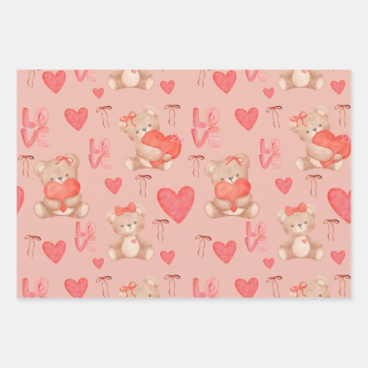 Cute Valentines Brown Teddy Bear Seamless Pattern ラッピングペーパーシート (正面)