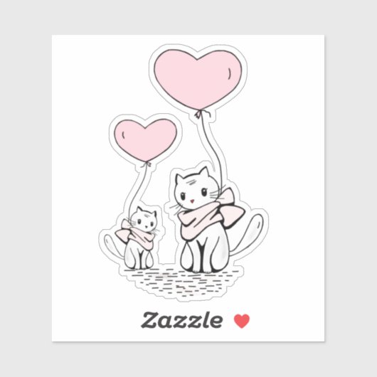 Cute Valentine's Cats Pink Heart Balloons Design シール (シート)
