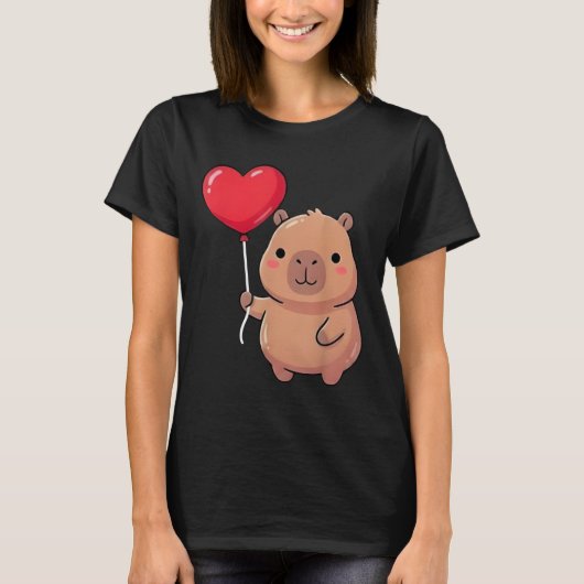Cute Valentine's Day Capybara Holding Heart Balloo Tシャツ (正面)