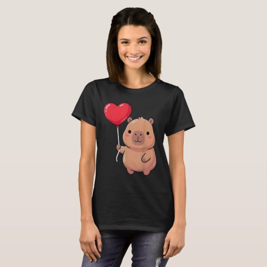 Cute Valentine's Day Capybara Holding Heart Balloo Tシャツ (正面フル)