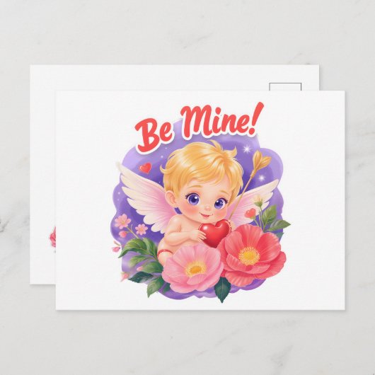 Cute Valentine's Day Cupid with "Be Mine" シーズンポストカード (正面/裏面)