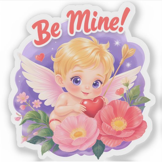 Cute Valentine's Day Cupid with "Be Mine" シール (正面)