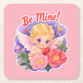 Cute Valentine's Day Cupid with "Be Mine" スクエアペーパーコースター (正面)