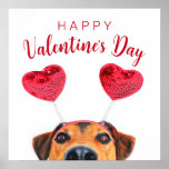 Cute Valentine's Day Dog Funny Heart Headband ポスター<br><div class="desc">Cute Happy Valentine's Day animal pet illustration featuring a curious dog wearing a red heart hairband. Seasonal holiday greeting written in modern typography letters.</div>