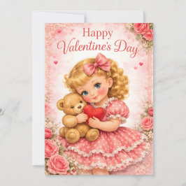  Cute Valentine's Day Girl with Teddy Bear 招待状