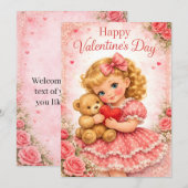  Cute Valentine's Day Girl with Teddy Bear 招待状 (正面/裏面)