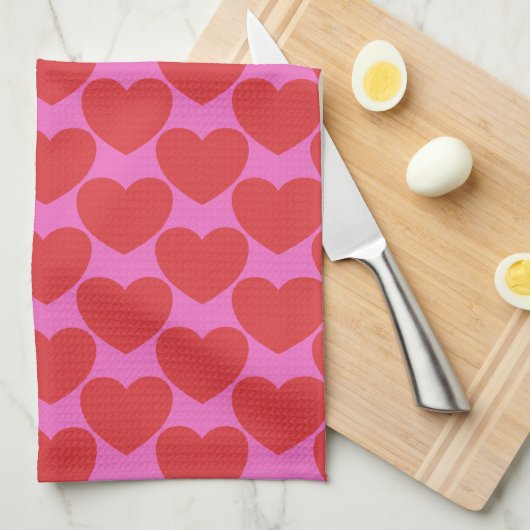 Cute Valentine's Day Pink and Red Heart Pattern キッチンタオル (四つ折り)
