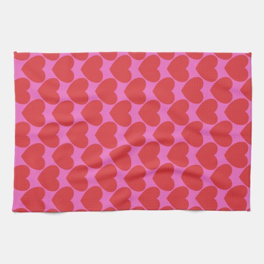 Cute Valentine's Day Pink and Red Heart Pattern キッチンタオル (横)