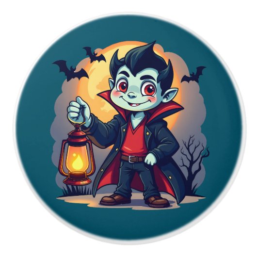 Cute Vampire with Lantern Kawaii Halloween セラミックノブ (正面)