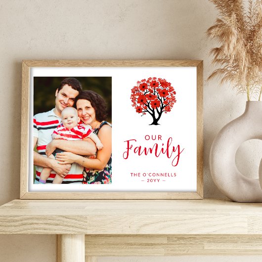 Cute Vibrant Red Floral Family Tree Photo ポスター