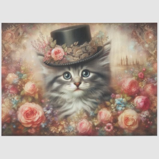 Cute Victorian Cat in Top Hat Decoupage  薄葉紙 (正面)