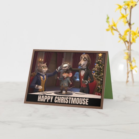 Cute Victorian cats and dog Christmas カード (黄色い花)