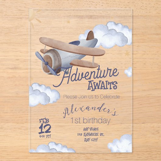 Cute Vintage Airplane First Birthday Adventure Awa アクリル招待状 (正面)