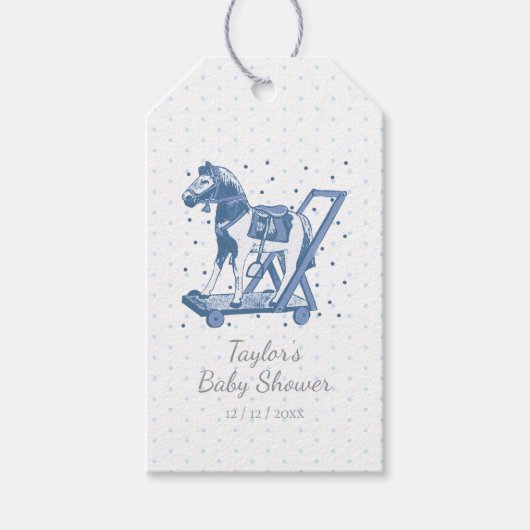 Cute Vintage Blue Hobby Horse Pattern ギフトタグ (正面)