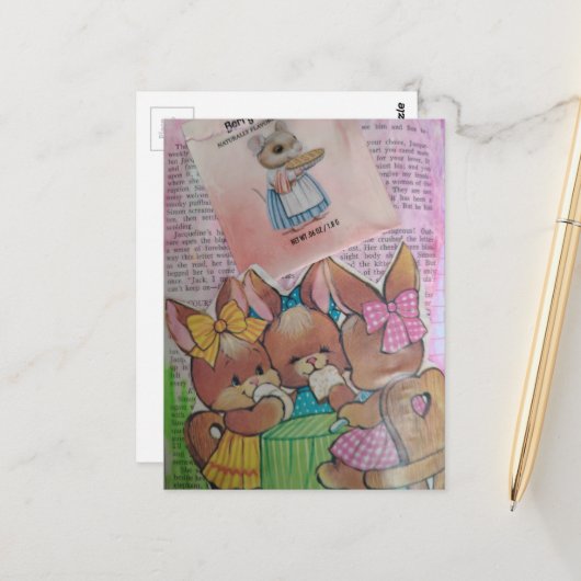 Cute Vintage Bunnies and Mouse Collage ポストカード (正面/裏面インサイチュ)