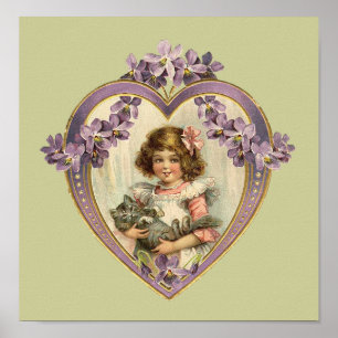 Cute Vintage Girl & Kitten Floral Heart ポスター