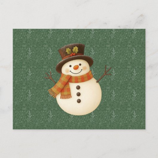 Cute, vintage green rustic snowman シーズンポストカード (正面)