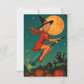 Cute Vintage Halloween Witch On Broom (正面)