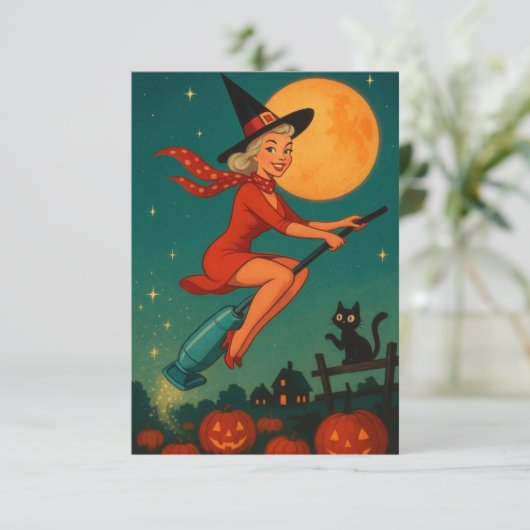 Cute Vintage Halloween Witch On Broom (スタンド正面)