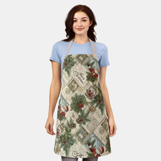 Cute Vintage Inspired Christmas Pattern  エプロン (着用した状態)