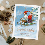 Cute Vintage Kids Sledding Scene | Joyful Wishes 箔シーズンポストカード<br><div class="desc">This cute, personalized Christmas postcard features a painting of a boy and girl sledding down a hill. Real foil text and accents add a unique touch. Certain design elements have been taken from a Vintage painting and repurposed / redesigned. The back contains more text templates for further personalization. Don't forget...</div>