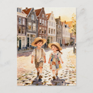 Cute Vintage Patchwork Children Dutch Folk Art ポストカード