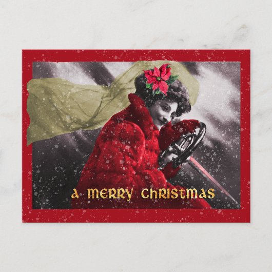 Cute Vintage Red Girl Driving Car シーズンポストカード (正面)