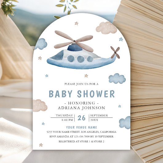 Cute Vintage Retro Blue Helicopter Baby Shower 招待状