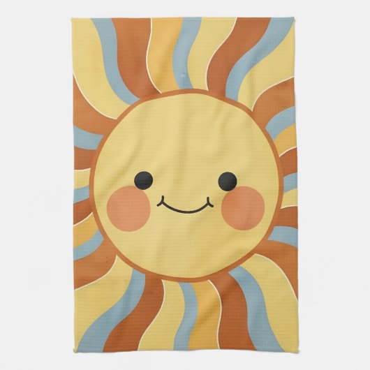 Cute Vintage Sunshine with Groovy Wavy Rays キッチンタオル (縦)