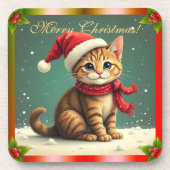 Cute Vintage Tabby Cat Christmas コースター (正面)