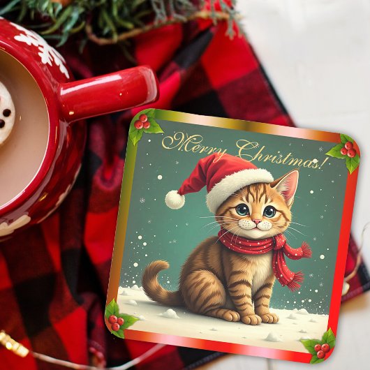 Cute Vintage Tabby Cat Christmas コースター