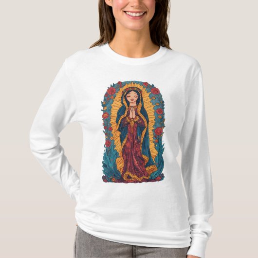 Cute Virgin of Guadalupe Women's Long Sleeve Tee Tシャツ (正面)