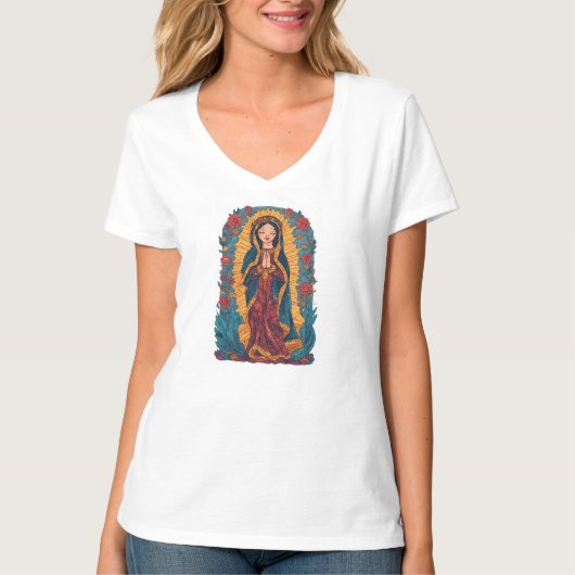 Cute Virgin of Guadalupe Women's V-Neck Tee Shirt Tシャツ (正面)