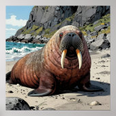 Cute Walrus on a Sandy Beach  ポスター (正面)