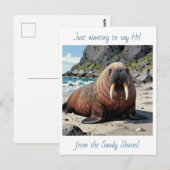 Cute Walrus on a Sandy Beach | Saying Hello ポストカード (正面/裏面)