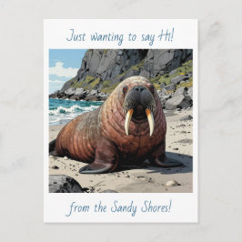 Cute Walrus on a Sandy Beach | Saying Hello ポストカード
