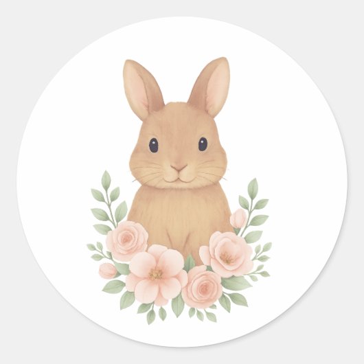 Cute Watecolor Bunny and Pink Flowers Birthday ラウンドシール (正面)