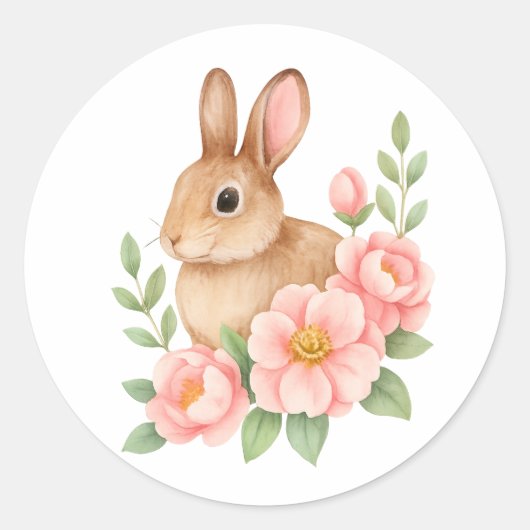 Cute Watecolor Bunny and Pink Flowers Birthday  ラウンドシール (正面)