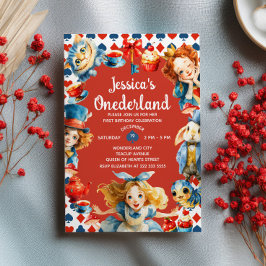 Cute Watercolor Alice in ONEDERLAND 1st Birthday 招待状
